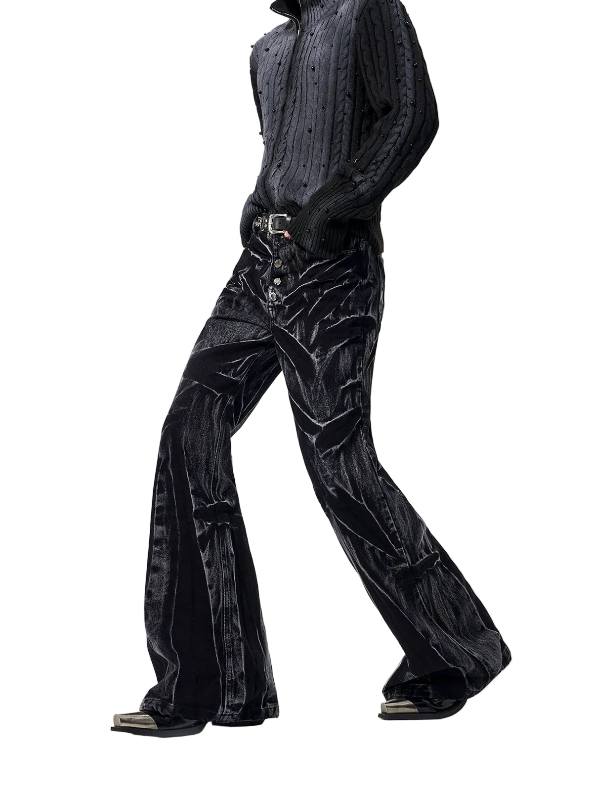 Black Vein Crushed Flare Jeans