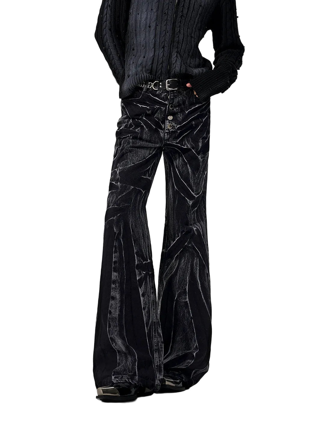 Black Vein Crushed Flare Jeans